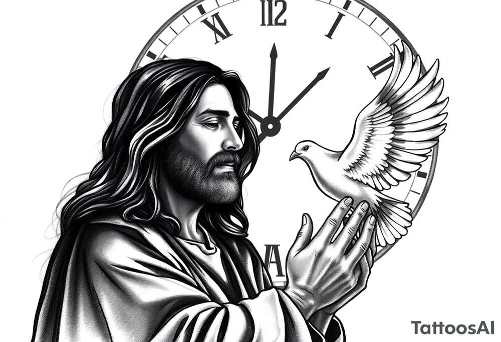 Clock in background, jesus praying, the creation of adam, dove tattoo idea