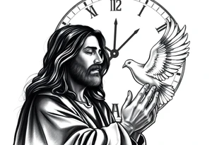 Clock in background, jesus praying, the creation of adam, dove tattoo idea