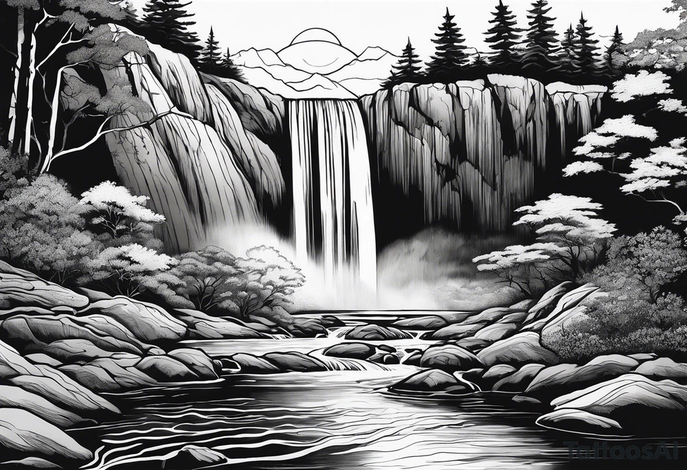 waterfall going into a river with a camp site in Australia tattoo idea