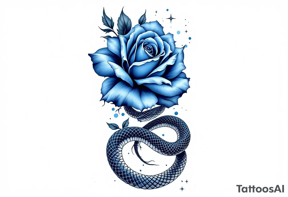 Blue rose entwined with a snake, rose in ocean blue and indigo, coiled by a dark gray serpent with white scales in arm sleeve. tattoo idea