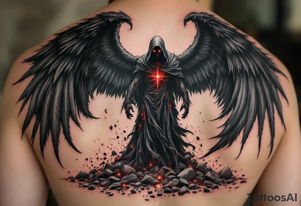 A towering Angel of Death with massive black wings, glowing red eyes, and a tattered hooded cloak, standing in a storm of ashes. tattoo idea