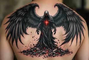 A towering Angel of Death with massive black wings, glowing red eyes, and a tattered hooded cloak, standing in a storm of ashes. tattoo idea