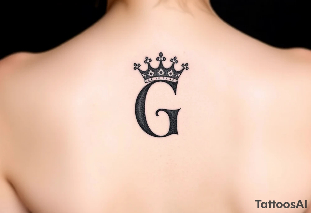 a capital G letter with a crown tilted to the left of it tattoo idea