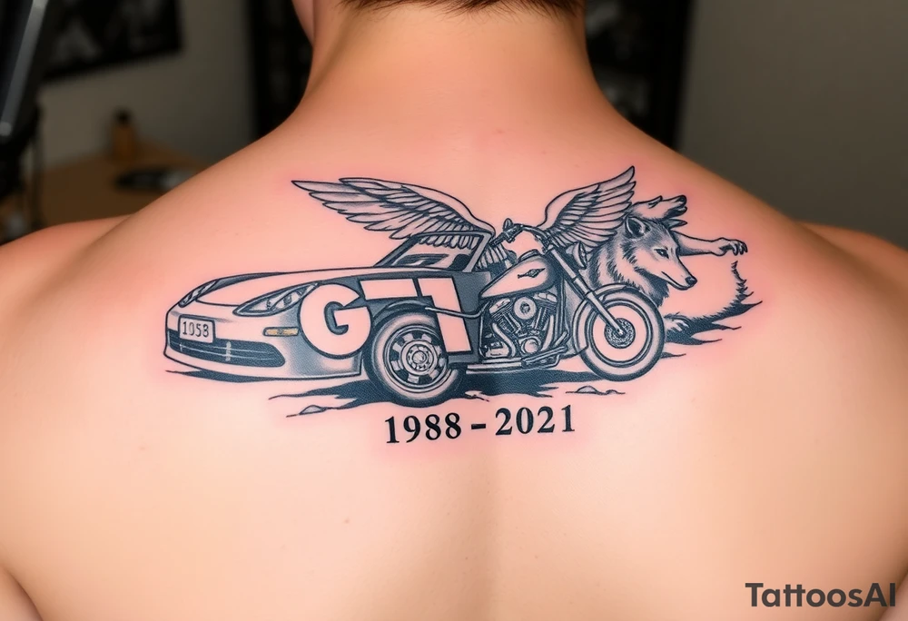 Dale Earnhardt car on it with the year 1958 - 2021 intertwined with a motorcycle on it with guardian angel wolves tattoo idea