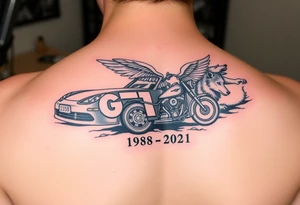 Dale Earnhardt car on it with the year 1958 - 2021 intertwined with a motorcycle on it with guardian angel wolves tattoo idea