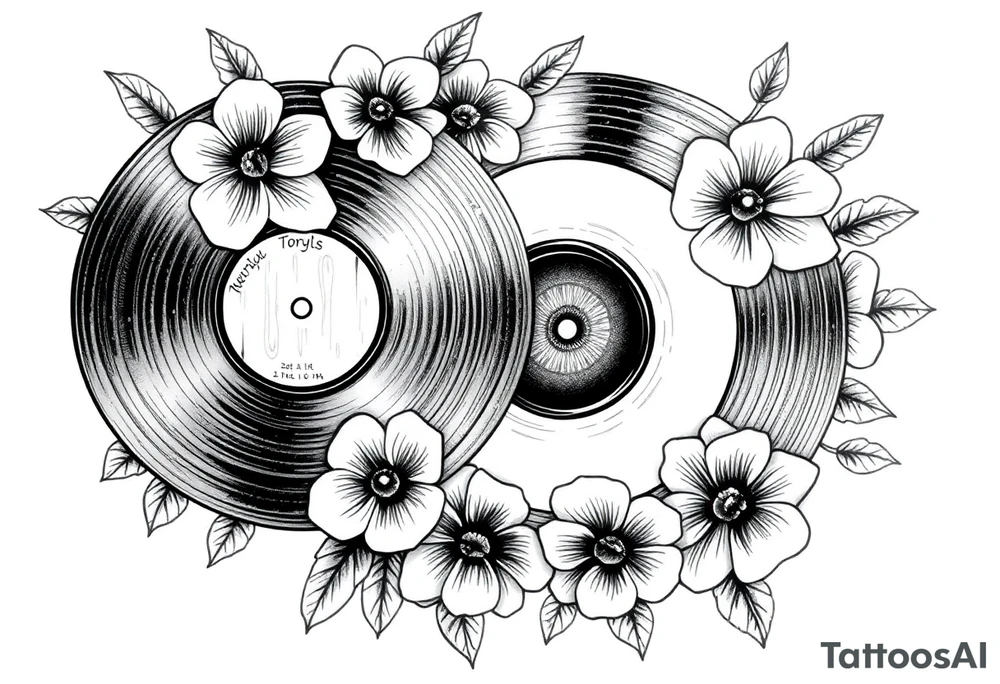 vinyl records surrounded by flowers tattoo idea