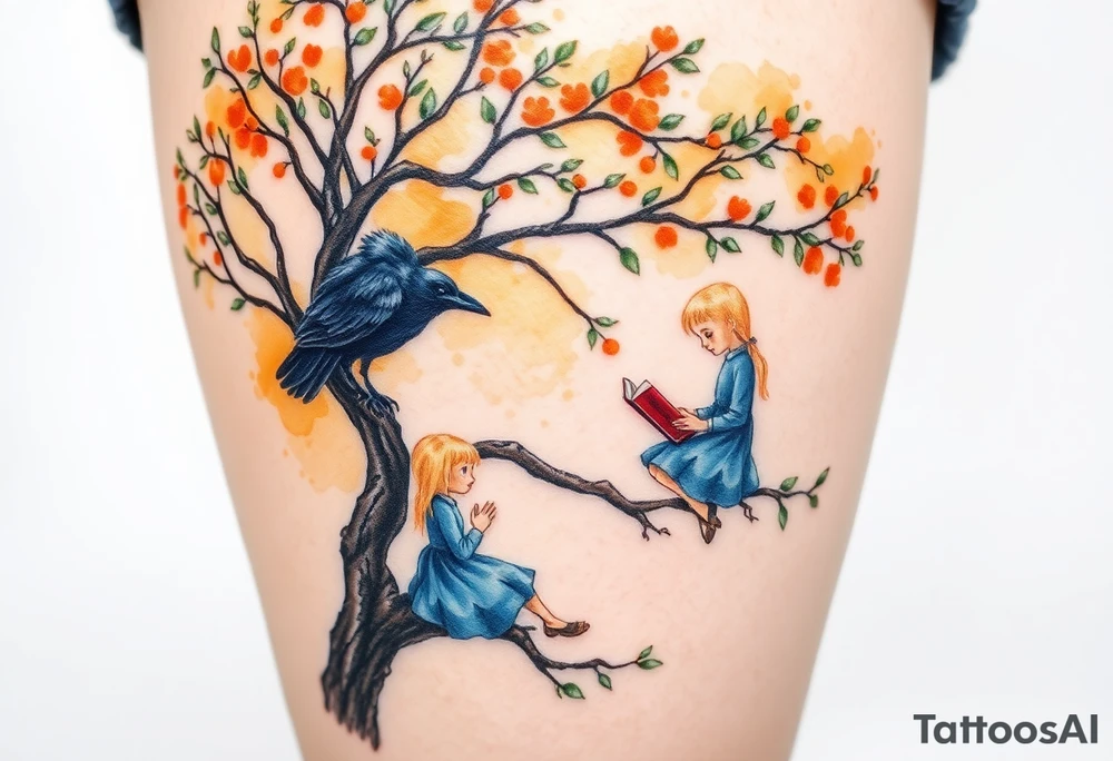 A Raven standing on the branch of an orange tree. A blond little girl wearing a blue dress sitting under the tree while reading a book. The raven is watching her. tattoo idea