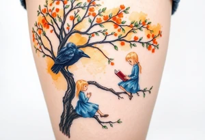 A Raven standing on the branch of an orange tree. A blond little girl wearing a blue dress sitting under the tree while reading a book. The raven is watching her. tattoo idea
