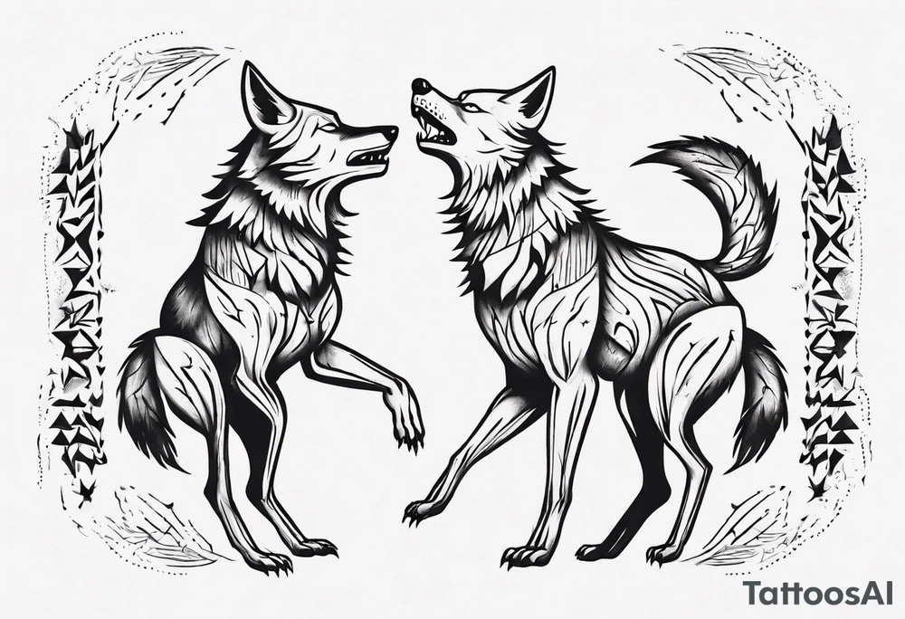 two wolves with their mouths closed and dancing on their hind legs. tattoo idea