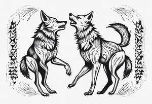 two wolves with their mouths closed and dancing on their hind legs. tattoo idea
