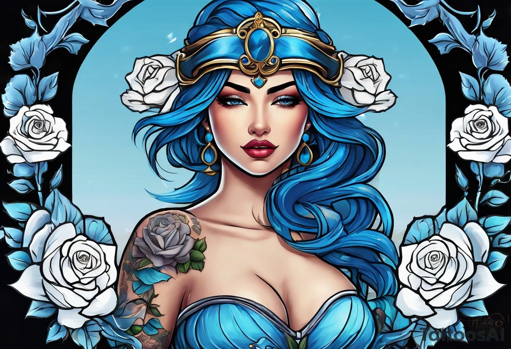 Justicia Goddess Tattoo  frame blue roses, With scales and a sword, blindfolded. tattoo idea