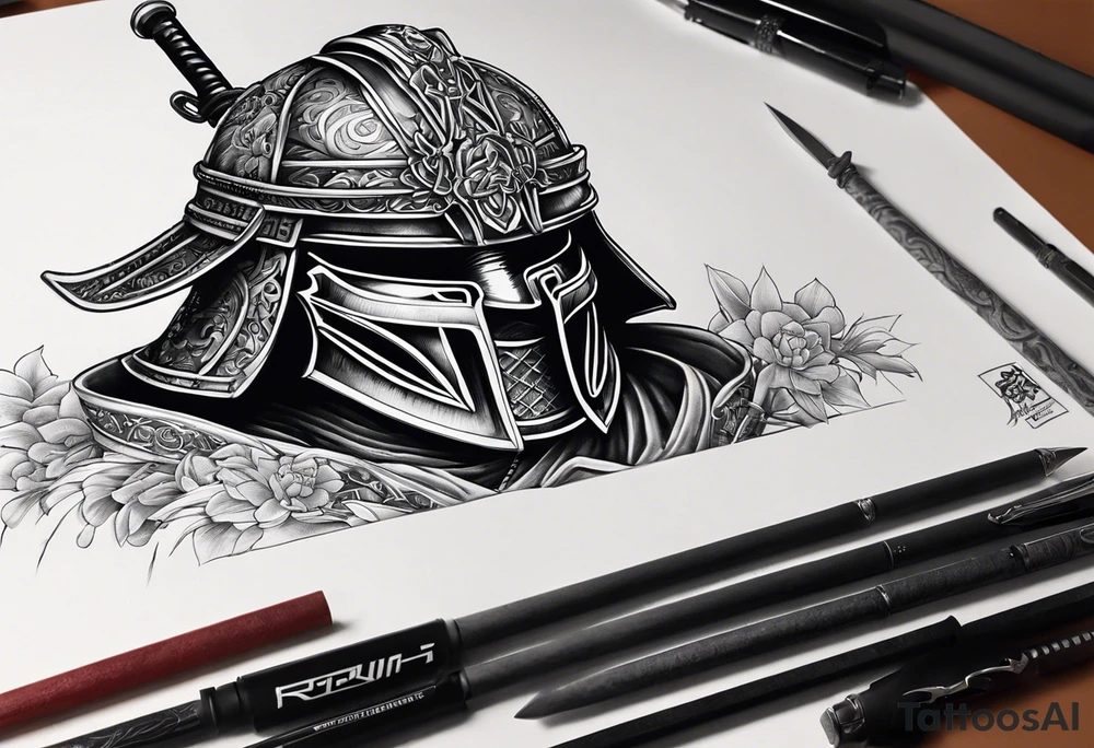 Ronin helmet with sword penetrating it tattoo idea