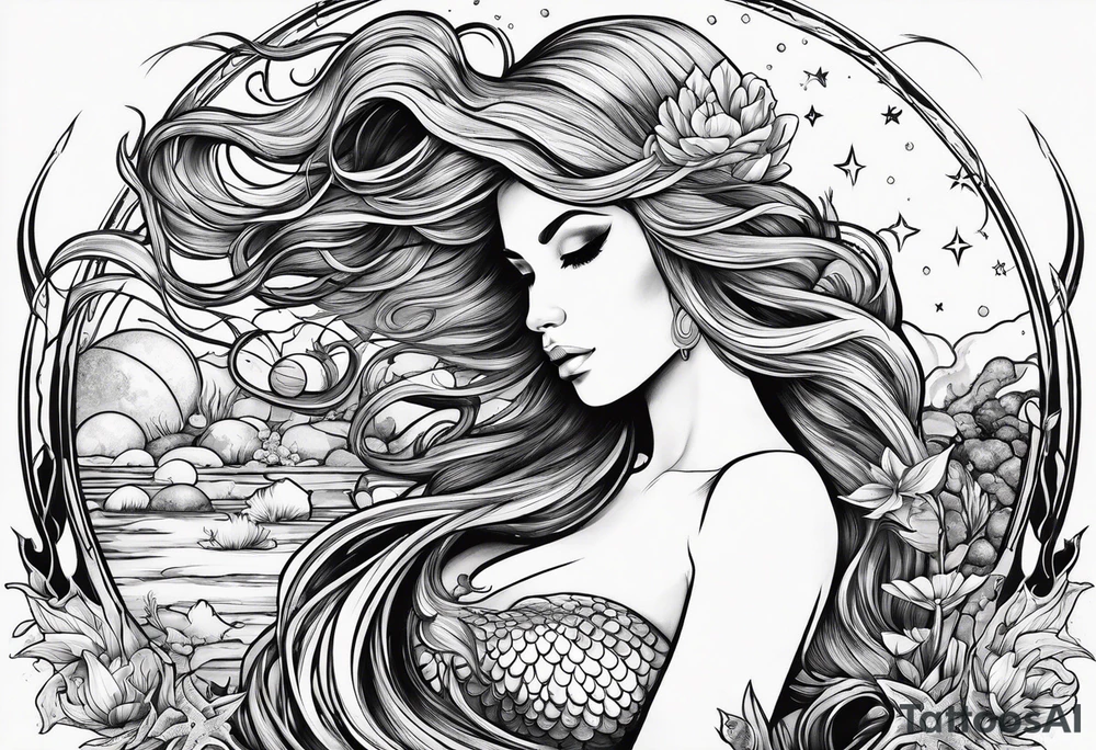 Mermaid in a swamp under the stars and planets tattoo idea