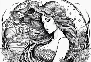Mermaid in a swamp under the stars and planets tattoo idea