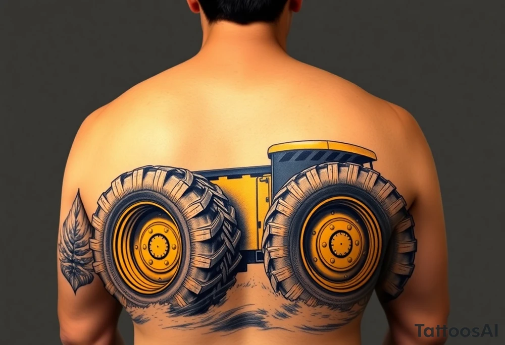 A hyper-realistic yellow tractor in motion, dust swirling around its massive tires. tattoo idea