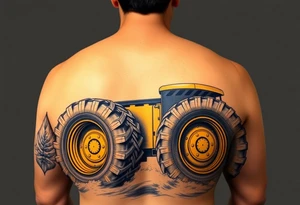 A hyper-realistic yellow tractor in motion, dust swirling around its massive tires. tattoo idea
