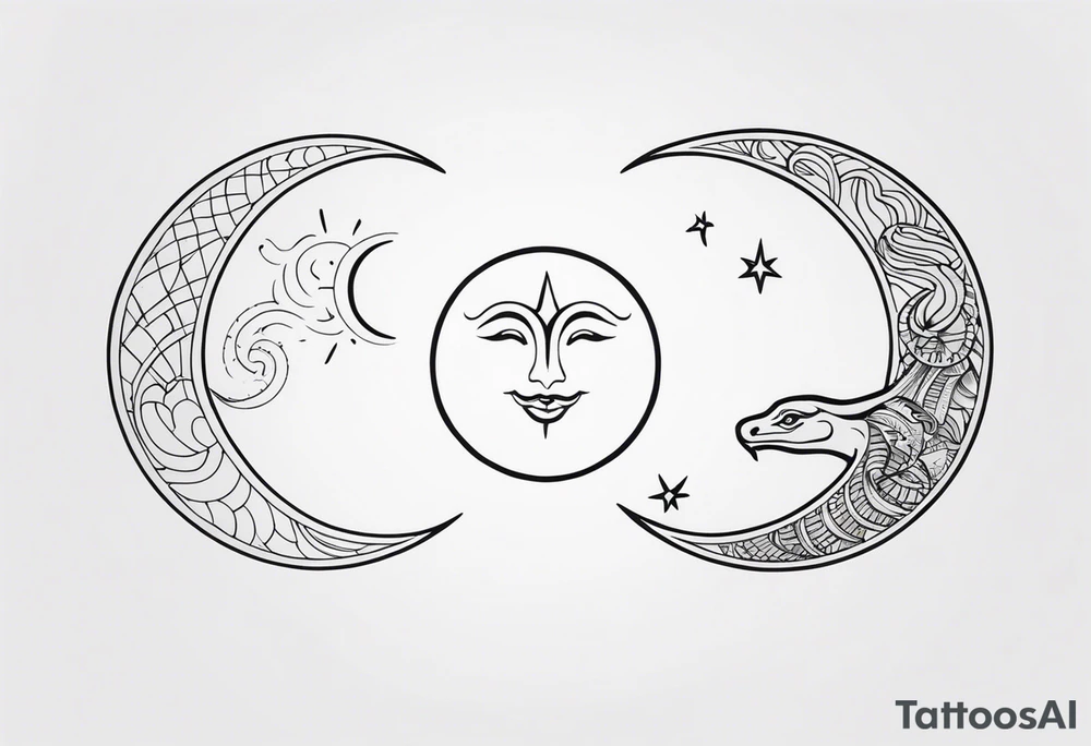 Matching tattoo of sun and moon with a snake tattoo idea
