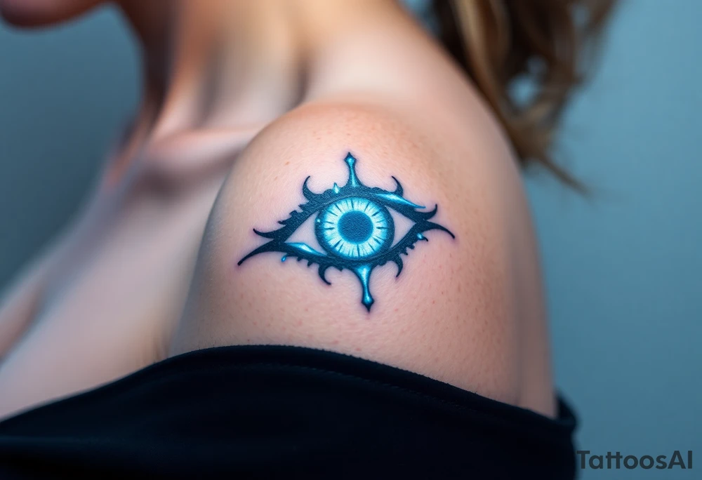 An Erudite eye symbol with glowing blue veins, representing sci fi movie Divergent tattoo idea