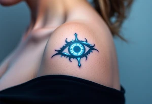 An Erudite eye symbol with glowing blue veins, representing sci fi movie Divergent tattoo idea