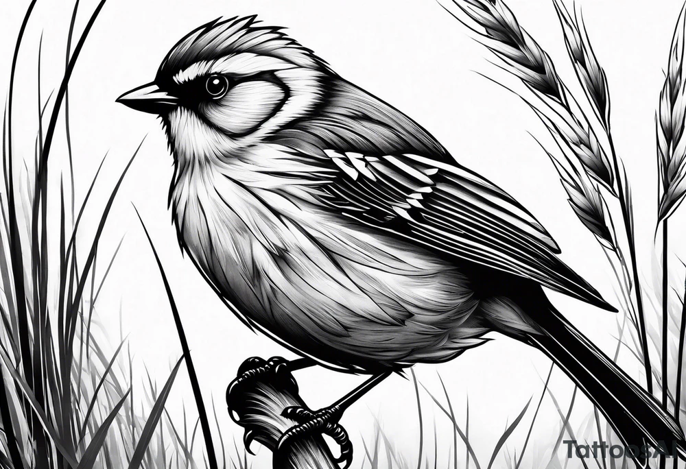 little bird perched on tall grass tattoo idea