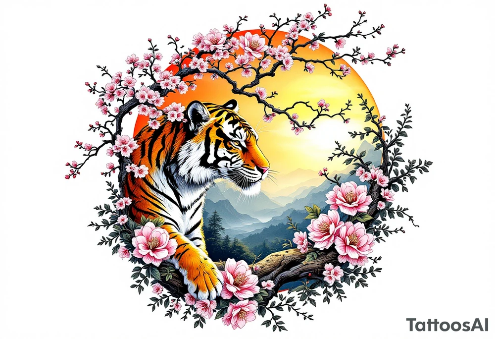 Tiger and cherry blossom tree, beautiful sunset in background tattoo idea