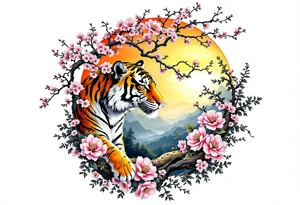 Tiger and cherry blossom tree, beautiful sunset in background tattoo idea