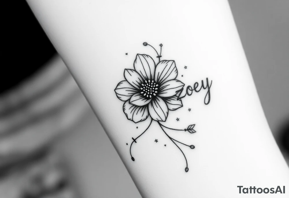 I want it on my wrist. I want a beautiful flower on the inside of my wrist with tendrils down the inside of my arm with little delicate stars or motes and the name Zoey

Why are you showing it on a back? I want it on the inside of my wrist

I want it to be a little smaller. I want the lines to be super fine. I want more organic delicate tendrils. The name Zoey should be about 3" up on the inside of my arm 

I just want the tendrils to look more natural and flowy and graceful.
I do not want stars in it anymore. 
Please show it on the inside of the wrist with the blossom just below the palm and the tendrils curling up the inside of the arm. I want a little more tendrils with some little sparkles very delicate leading to the name tattoo idea