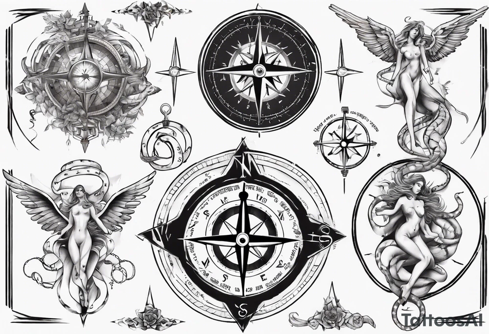 Compass tatoo with Gemini angels and snake tattoo idea