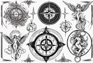 Compass tatoo with Gemini angels and snake tattoo idea