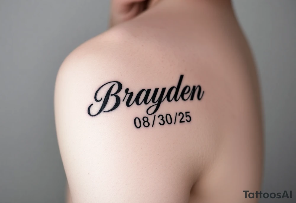 Brayden  name tattoo on forearm with dob 08/30/25 mother son dedicated female tattoo idea