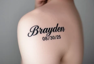 Brayden  name tattoo on forearm with dob 08/30/25 mother son dedicated female tattoo idea