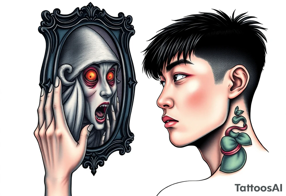 Handsome Asian young guy is looking in cursed mirror and see a witch tattoo idea