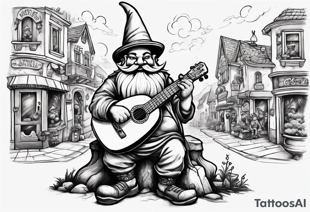 a 4 foot moss green deep gnome with handlebar mustache with a lute serenating a crowd in a small town square tattoo idea
