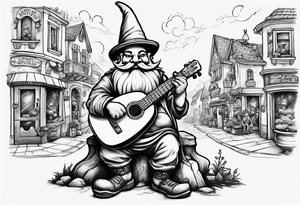 a 4 foot moss green deep gnome with handlebar mustache with a lute serenating a crowd in a small town square tattoo idea