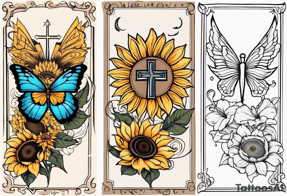 Arm sleeve with Winged cross with sunflower and butterflies tattoo idea