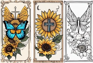 Arm sleeve with Winged cross with sunflower and butterflies tattoo idea