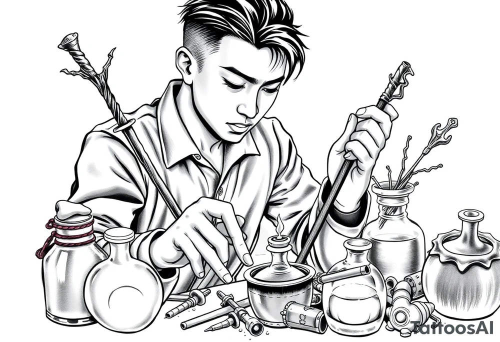 Handsome Asian young adult guy is  accidentally stumbled upon witch tools, supplies, artifacts, potions and exploring it curiously tattoo idea