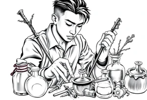 Handsome Asian young adult guy is  accidentally stumbled upon witch tools, supplies, artifacts, potions and exploring it curiously tattoo idea