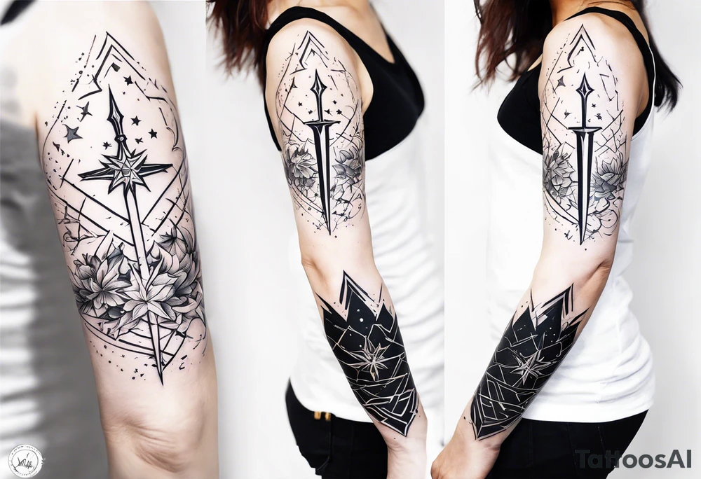 complete upper arm sleeve. Feature three mountain side by side, with 3 stars above them from a court of thorns and roses. Emphasize crossed swords, integrating with abstract, sword patterns that evoke the Valkyrie spirit like nesta from a court of silver flames. Keep the design in clean, simple lines. tattoo idea