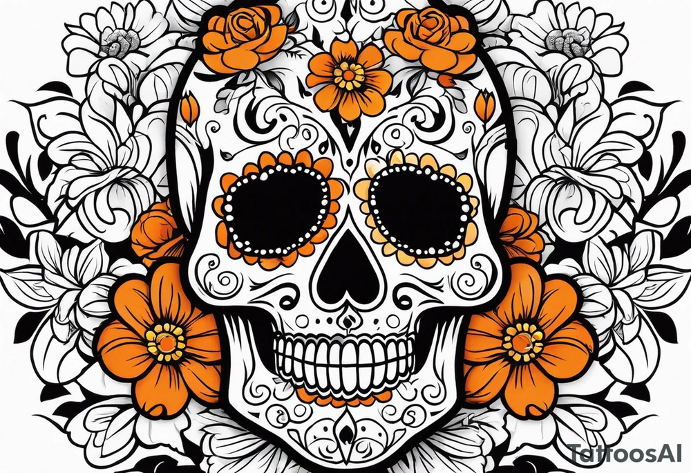 Sugar skull with flowers that is orange and black tattoo idea