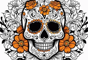 Sugar skull with flowers that is orange and black tattoo idea
