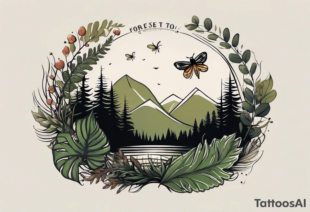 forest floor inspired minimalist tattoo, which includes grass, curly ferns, moss and dead leaves as the bulk of the tattoo. details to include: forest berries, a tiny bumblebee flying nearby, three small brown mushrooms
Generate a vertically long one tattoo idea