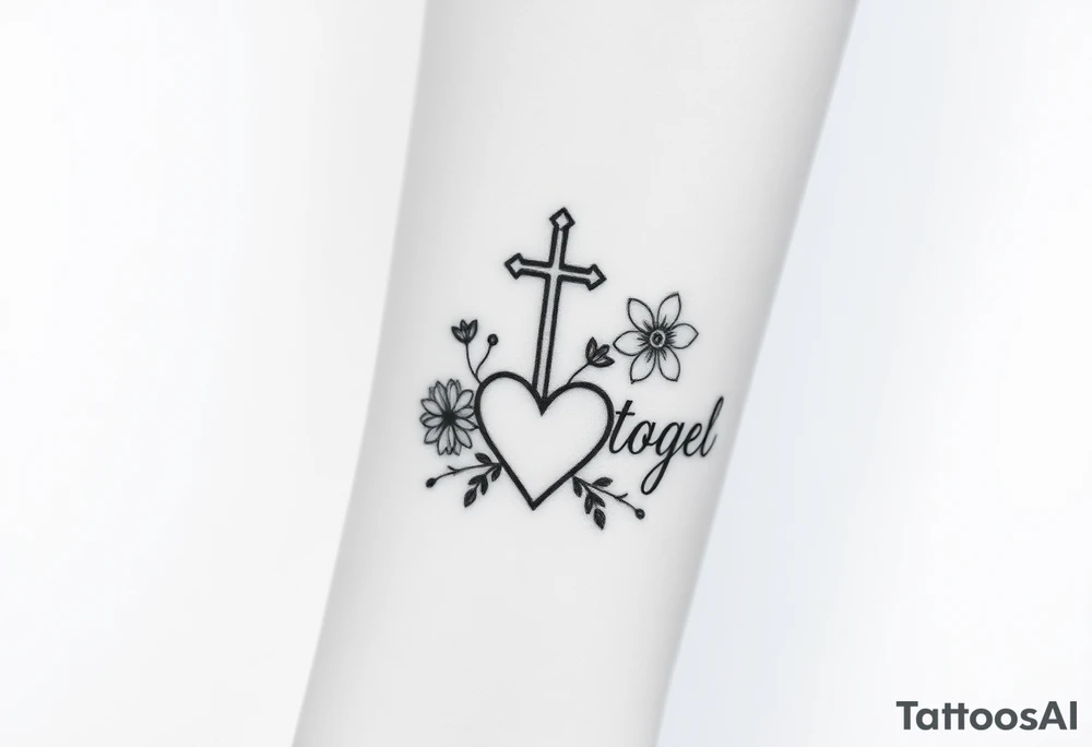 "You and I together" with a cross, a flower and a heart integrated into the design tattoo idea