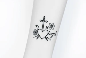 "You and I together" with a cross, a flower and a heart integrated into the design tattoo idea