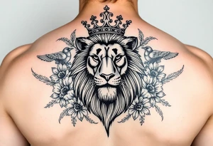 powerful majestic lion with a crown, surrounded by floral ornaments and birds tattoo idea