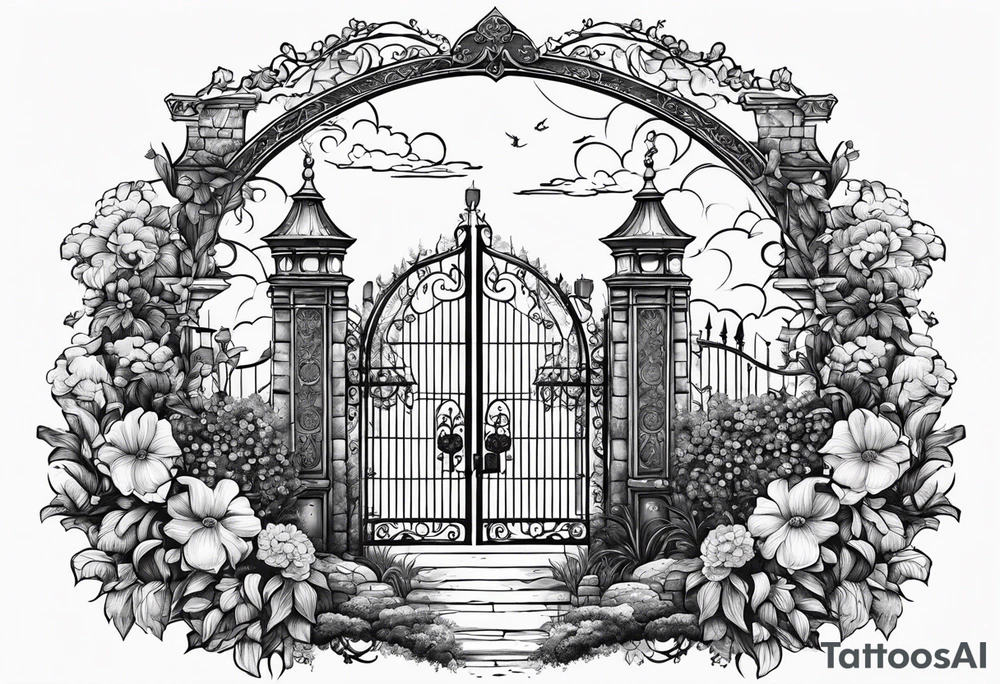 night medieval town garden gate entrance 
 in circle vignette surrounded by clouds floral tattoo idea