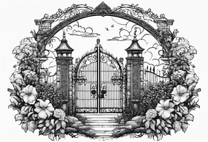 night medieval town garden gate entrance 
 in circle vignette surrounded by clouds floral tattoo idea