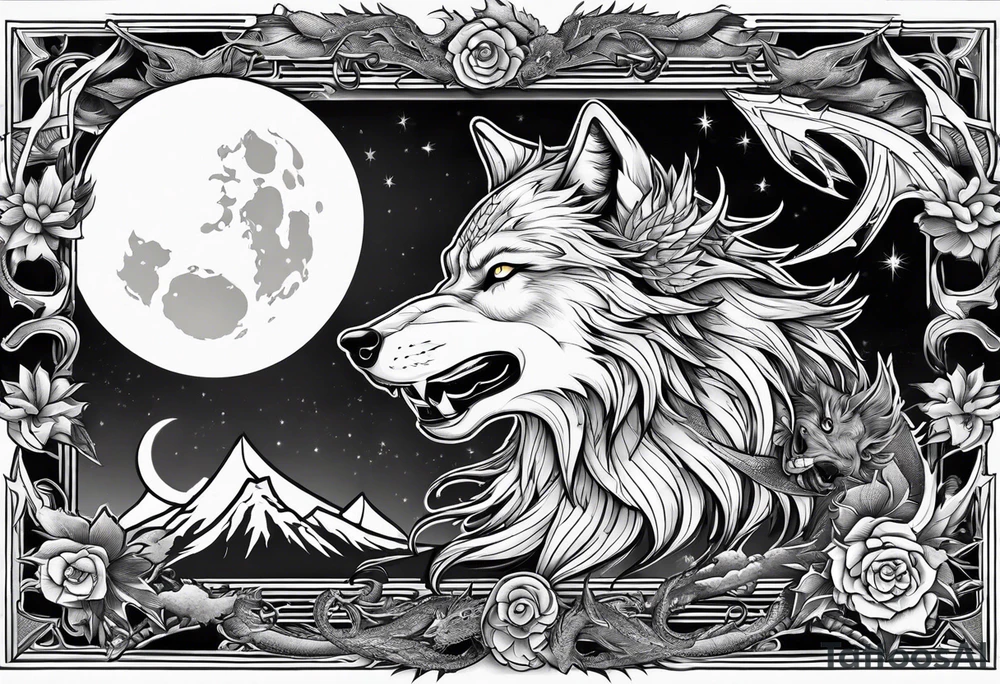 wolf with a dragon and lightning and the moon in the background tattoo idea