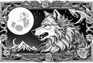 wolf with a dragon and lightning and the moon in the background tattoo idea