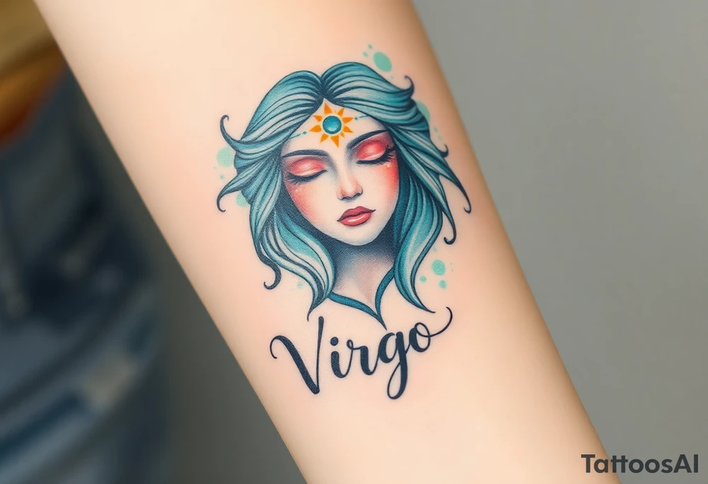 A serene goddess with closed eyes and a third eye glowing on her forehead, wrapped in a cosmic veil of turquise and mint dust with the word virgo tattoo idea